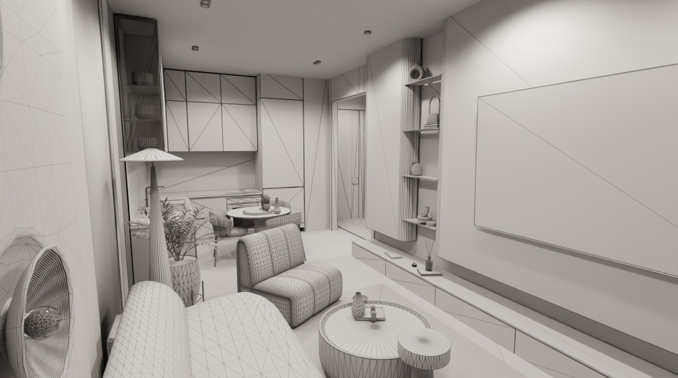 Wireframe 3D model of the same living room
