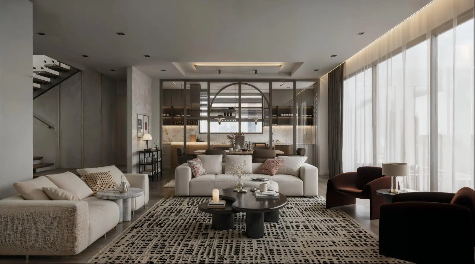 Çağrışan Villas: a living room in linen and velvet, opening onto a kitchen behind arched glass